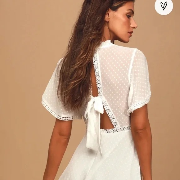 Lulus Fairytale Romance Swiss Dot Sheer Cut Out Tie Back Mini Dress White Medium - Picture 2 of 11